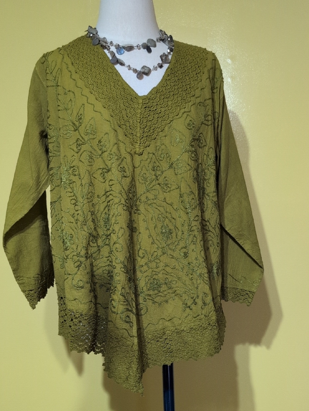 Olive Green Embroidered V-Neck Tunic Top